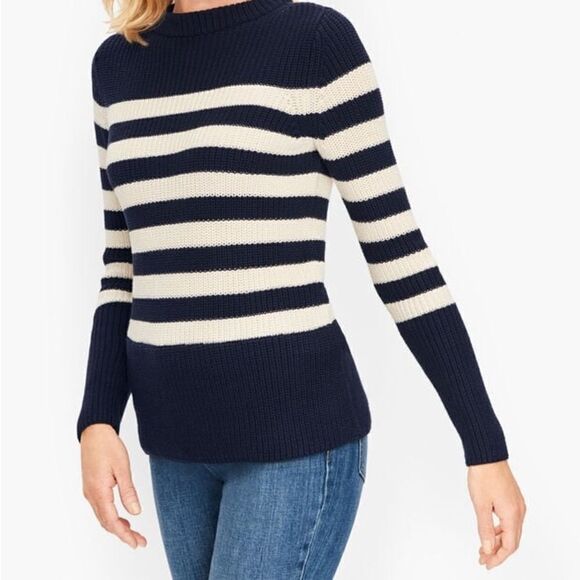 Talbots Navy Blue White Shaker Stitch Stripe Sweater Size Medium - Picture 1 of 9
